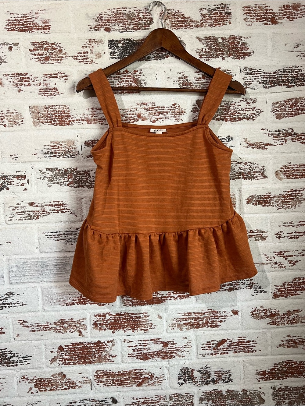 a.n.a Babydoll Peplum Tank Top Size S Rust Brown Striped Wide Strap Ruffle Fall